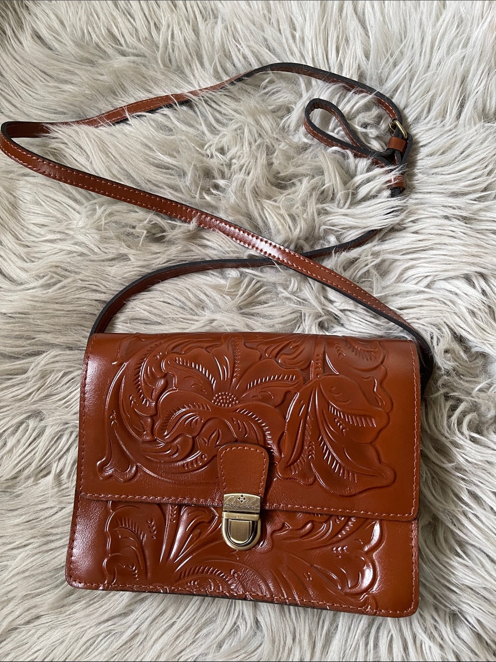 Patricia Nash Embossed Cognac Leather Crossbody